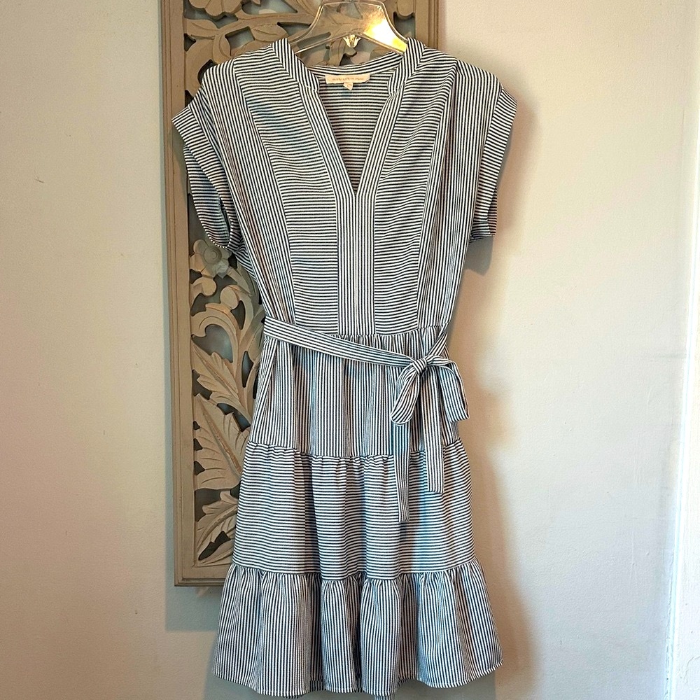Monteau Striped V-Neck Belted Dress